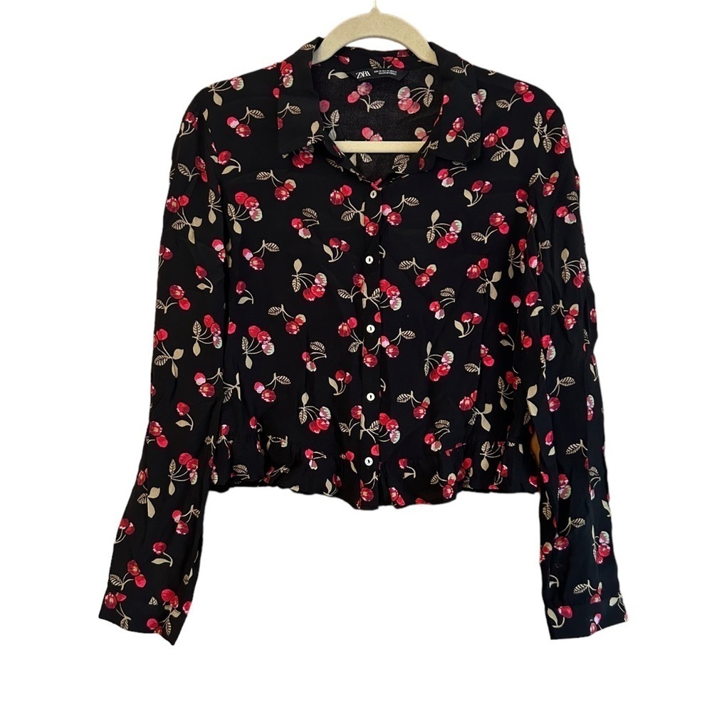 ZARA CHERRY PRINT BOXY BUTTON DOWN TOP